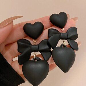 Large Retro Black Heart Bow Dangle Statement Earrings Y2K Big